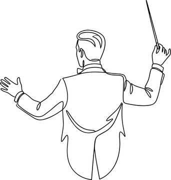 A continuous line art drawing of a male conductor with a baton from behind.