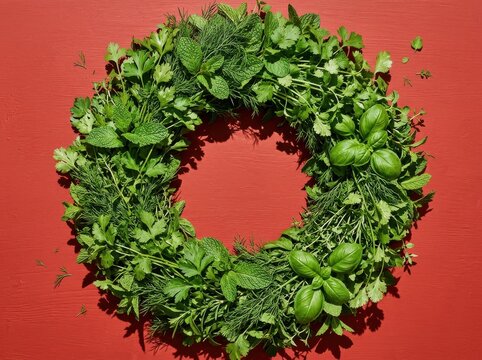 Herb Garland Wreath on Red Background for commercial design and digital marketing content