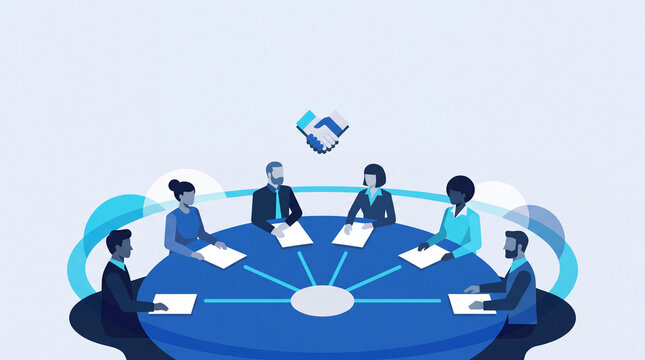 Diverse team seated equally around one table in modern flat design