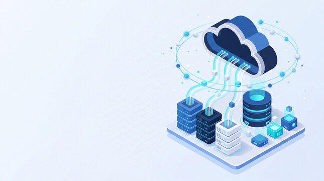 Cloud platform streaming data down to server infrastructure isometric