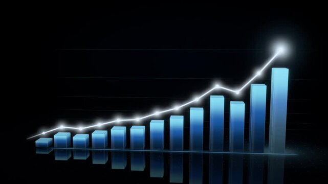 Business growth bar chart scrolling with a glowing upward trend line in 3D blue on black, seamless loop