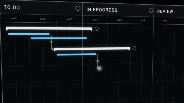 Gantt chart project timeline drawing tasks week by week on a dark panel, then checking every task done