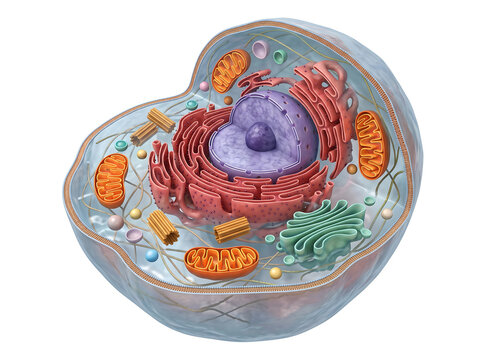 3D cross section of animal cell showing nucleus, mitochondria, endoplasmic reticulum and Golgi apparatus on white background