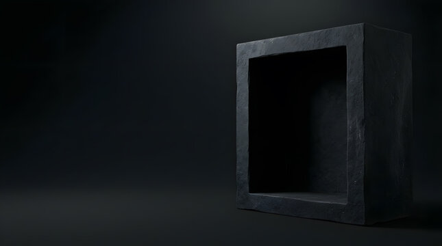 Empty black stone square pedestal for product display on a dark moody studio background