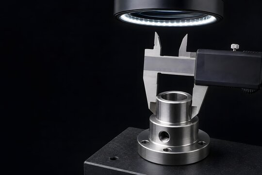 Precision caliper measuring a machined metal part under ring lighting