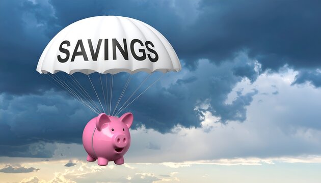Pink piggy bank suspended by a white parachute labeled savings, drifting across a cloudy sky to represent financial planning, emergency funds, and protecting personal wealth.