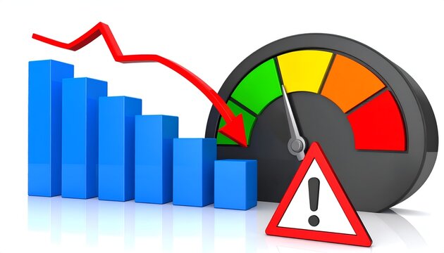 A descending blue bar chart, red downward trend line, and multicolor risk gauge illustrate business decline, risk analysis, and financial warning.