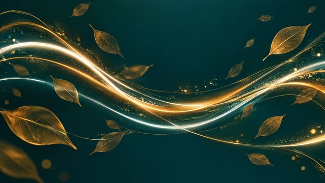 Golden glowing leaves floating among abstract light streaks on dark background
