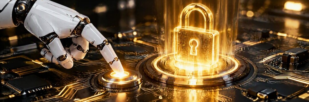 Robotic hand presses glowing button next to digital golden padlock symbolizing cybersecurity