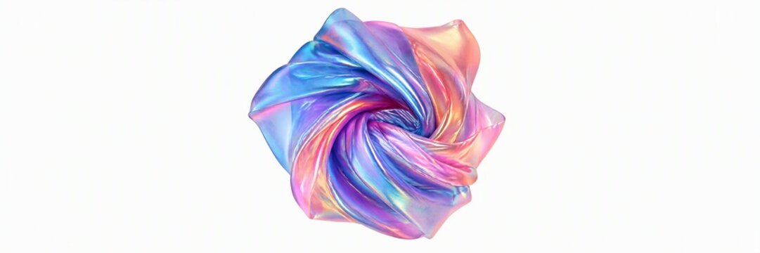 Swirl of iridescent fabric with blue, pink, and purple hues on white background
