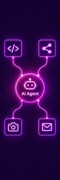 Neon glowing infographic depicting AI agent with four connected icons for coding, sharing, camera, and email functions