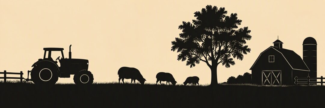 Silhouette of tractor, sheep, tree, barn and silo in rural farm landscape