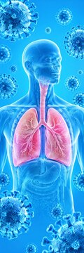 Human respiratory system illustration with lungs surrounded by virus particles in blue medical concept