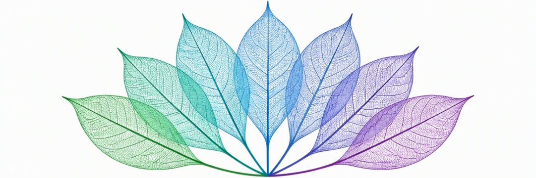 Seven translucent leaves arranged in a fan shape with gradient colors from green to blue and purple on a white background