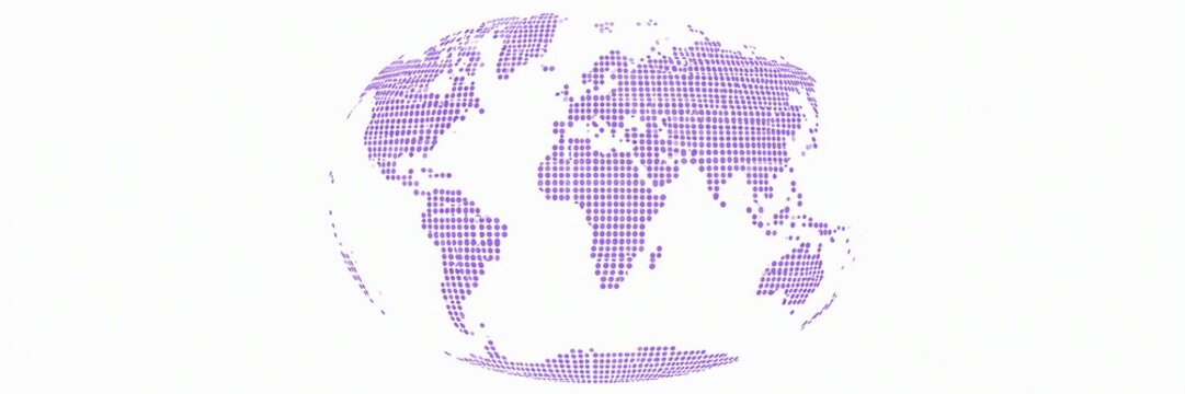 Purple dotted world map globe showing continents on white background