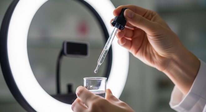 Close-up of hands in lab coat holding pipette with liquid dropping into beaker, illuminated by ring light