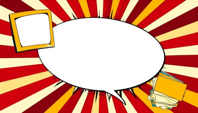 A blank white speech bubble is centered against a red and yellow comic book sunburst.