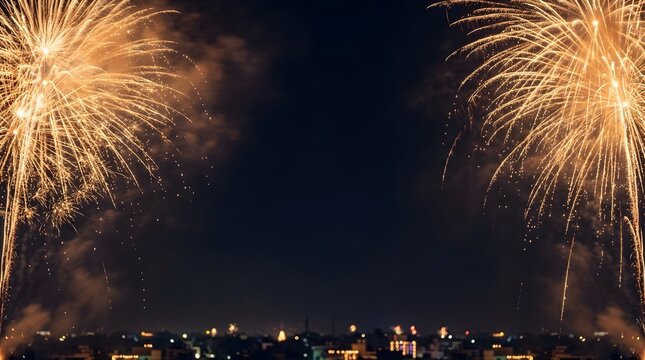 Golden fireworks exploding in the night sky over a distant city silhouette