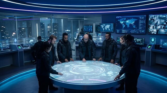 futuristic command center interior with diverse analysts gathered around a glowing digital interactive screen monitoring data flows and high tech surveillance operations control room futuristic