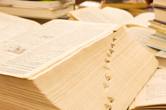 Open Dictionary with Thumb Index Tabs Surrounded by Books