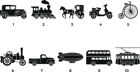 Collection of vintage transportation and retro vehicle vector icons in black silhouette style © Shrabon