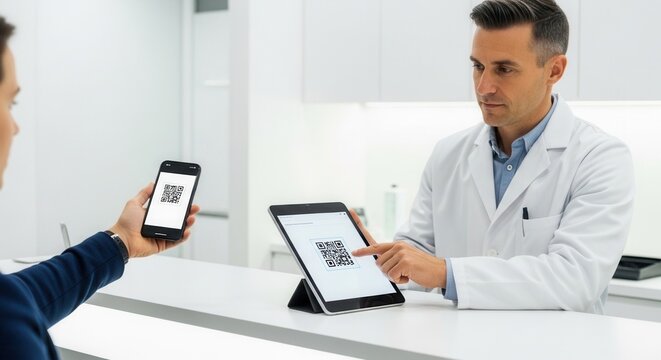 Healthcare professional in lab coat scans QR code on patient's smartphone at reception desk, modern clinic setting