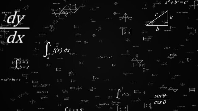 Math formulas, equations and graphs flying toward the camera and passing by on a black background, seamless loop education animation