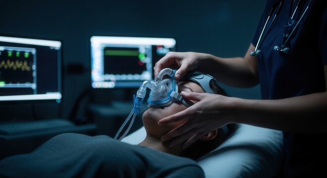 Patient undergoing sleep study with EEG and CPAP mask, monitored by medical professional in a dimly lit laboratory setting.