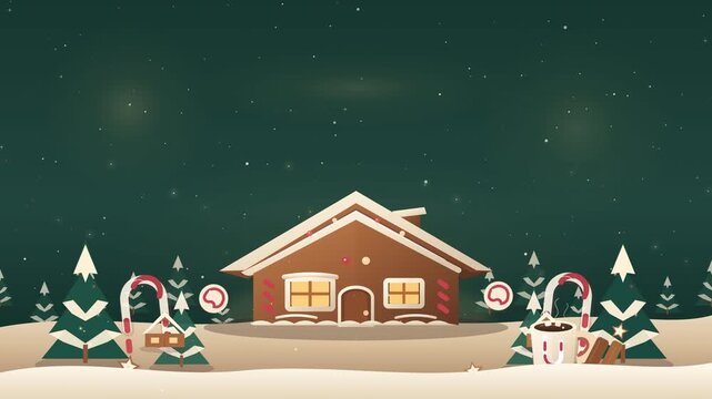 Animated gingerbread house with falling snow and festive candy cane accents set against a dark green winter holiday night background video