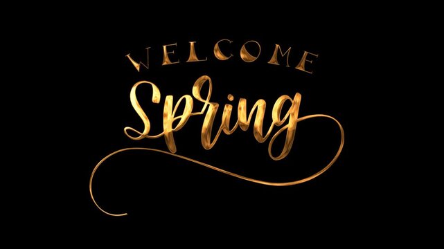 Golden animated typography welcomes spring with artistic decorative elements, suitable for seasonal promotions, greeting cards, banners, and digital marketing campaigns.