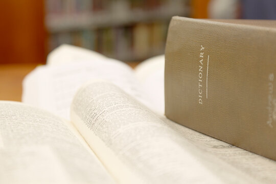 Closed Dictionary Resting on an Open Book in a Library