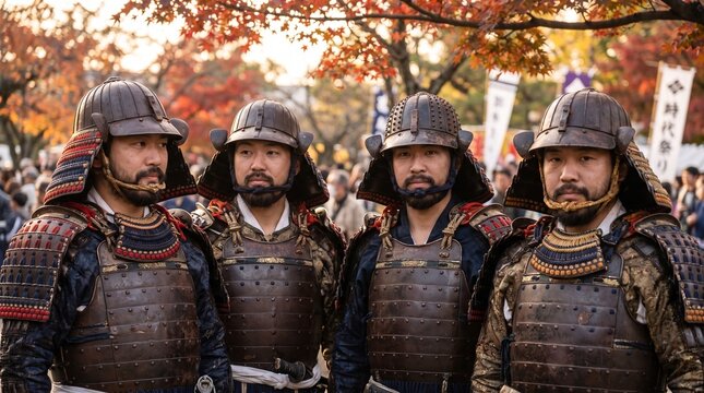 Four samurai in weathered armor standing together, Jidai Matsuri festival parade in Kyoto Japan, historical reenactment, samurai festival japan