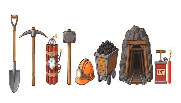 Coal mining equipment tunnel vector illustration collection. Shovel, pickaxe, dynamite timer, sledgehammer, safety hardhat, mine cart, railway track entrance and TNT detonator boxes.