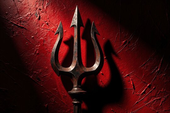 Sleek metal devil trident on textured red background. Dark dramatic lighting creates shadows on rusty iron weapon. Sharp pitchfork tool for hell themed event fantasy game concept. Bold symbol of