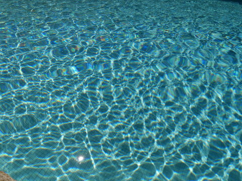 Abstract turquoise colored surface of water pool with sunlight ripple wave patterns