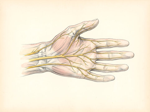 Palmar Hand Anatomy Showing Nerves and Tendons