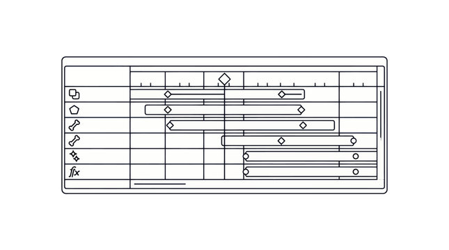 Digital animation software timeline interface with keyframes and tracks