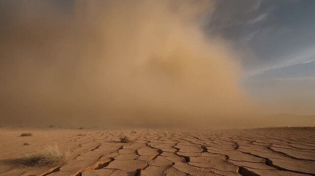 Massive towering brown haboob dust cloud rolling over severely cracked dry mud terrain