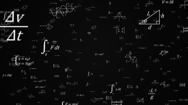 Physics formulas and equations flying toward the camera and passing by on a black background, mechanics, energy, electricity and relativity, seamless loop science education animation