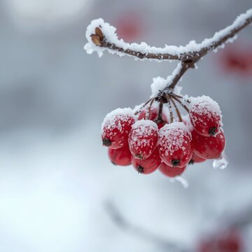 Red winter berries covered in hoarfrost, copy space