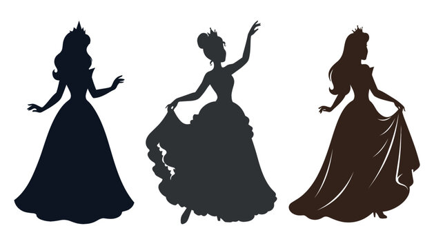 Beautiful princess silhouette vector set. Queen, ballroom gown, dress, tiara, crown, elegance, dancing and fairy tale.