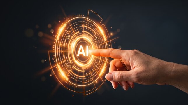 Finger touching a glowing golden circular interface button with the letters AI in the center, surrounded by binary code and technical icons against a dark background, illustrating