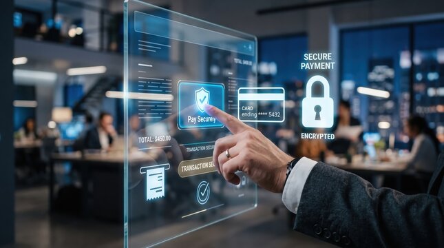 Futuristic transparent screen with secure payment interface and encrypted lock icon. E-commerce, online transaction, digital wallet, fintech, mobile banking, cybersecurity
