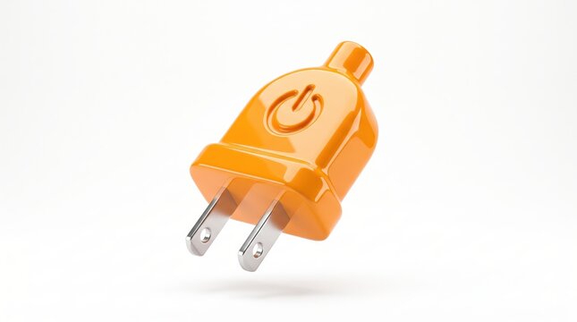 Orange electrical plug isolated on white background symbolizing power energy and electricity connection, featuring a power button icon embossed on the plastic body, representing