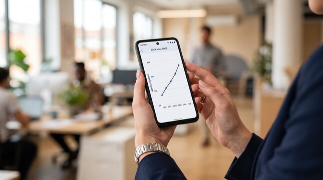 Person holding smartphone displaying upward trending sales graph chart in busy open-plan office, analyzing business growth data, wearing watch and suit, colleagues working in the