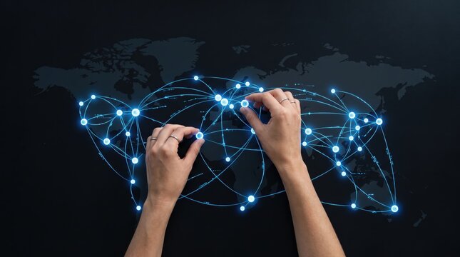 Abstract global communication network concept featuring glowing blue nodes and connections over a world map background representing internet technology, artificial intelligence