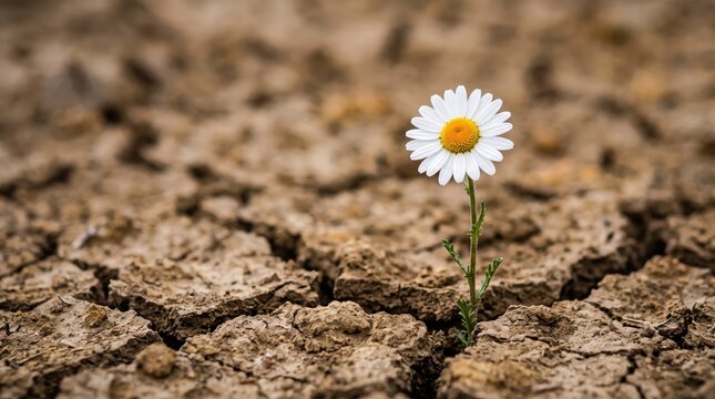 A single resilient white daisy flower blooming amidst severely cracked dry earth and soil, symbolizing hope, survival, environmental resilience, climate change adaptation, drought