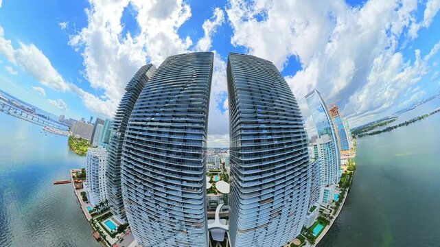 Miami tiny planet aerial Edgewater highrise apartment buildings on the bay