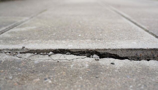 Close-up of a damaged concrete sidewalk with a deep elongated crack running parallel to the walking direction.