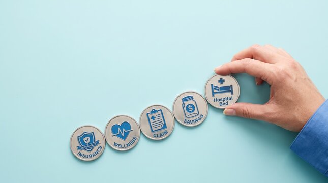 Hand placing coin with hospital bed icon on sequence of medical finance tokens, representing healthcare costs, savings plan, insurance claim process, wellness management and